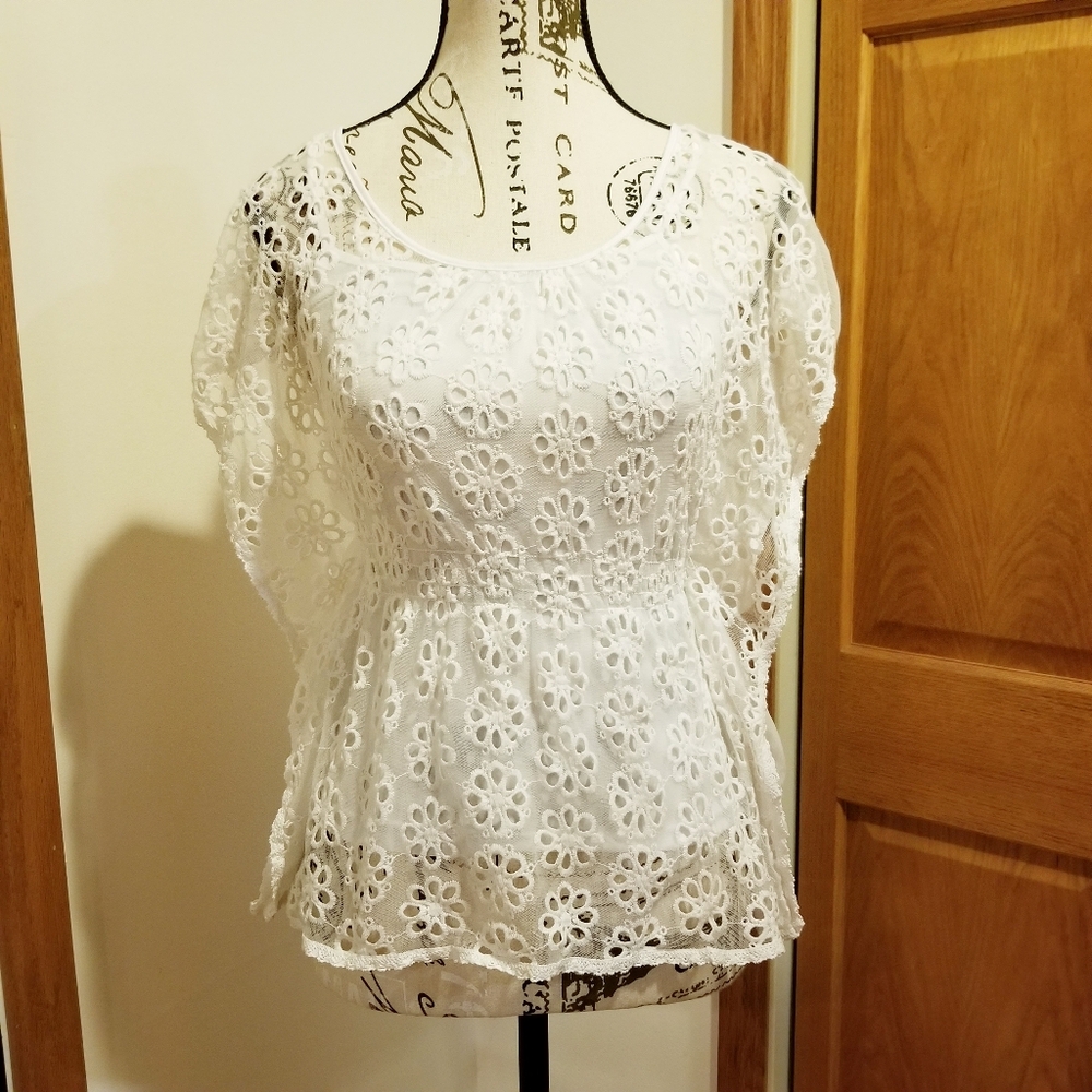 Candies White Eyelet Floral Lace Open Sleeves Dolman Sheer Blouse Juniors L 14